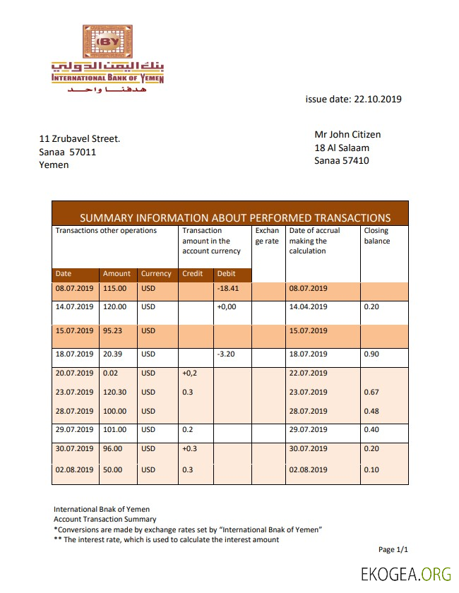 Relevé bancaire de la Banque internationale du Yémen du Yémen